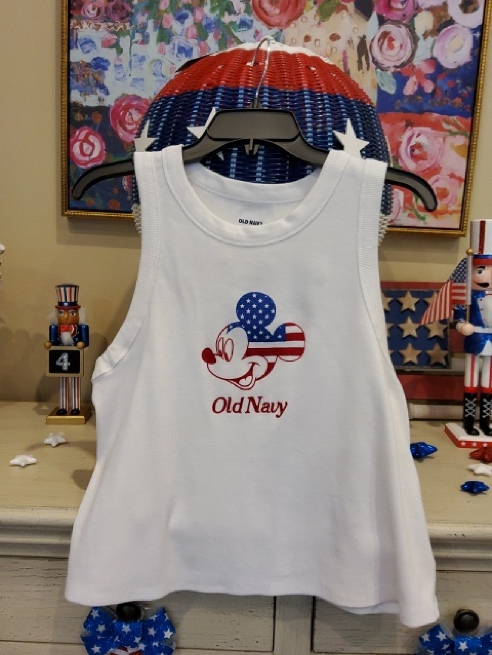 Old Navy White Tank Top with Red & Blue Patriotic Mickey Graphic